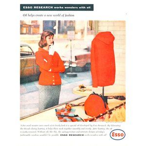 1957 Esso Research Vintage Print Ad Fashion Boutique Knit Sweater Red Purse 50s